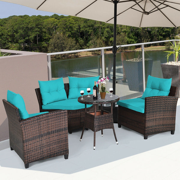 The sturdy and durable steel frame ensures sturdiness of the set<br>Tight and hand-woven rattan can withstand moderate rain or wind<br>Thick and soft cushion with a high-density sponge for your hip and back<br>Cover with the zipper of the seat cushion is 