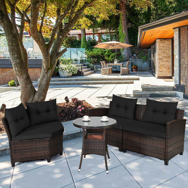 The sturdy and durable steel frame ensures sturdiness of the set<br>Tight and hand-woven rattan can withstand moderate rain or wind<br>Thick and soft cushion with a high-density sponge for your hip and back<br>Cover with the zipper of the seat cushion is 