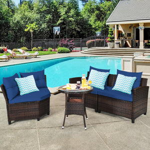 The sturdy and durable steel frame ensures sturdiness of the set<br>Tight and hand-woven rattan can withstand moderate rain or wind<br>Thick and soft cushion with a high-density sponge for your hip and back<br>Cover with the zipper of the seat cushion is 