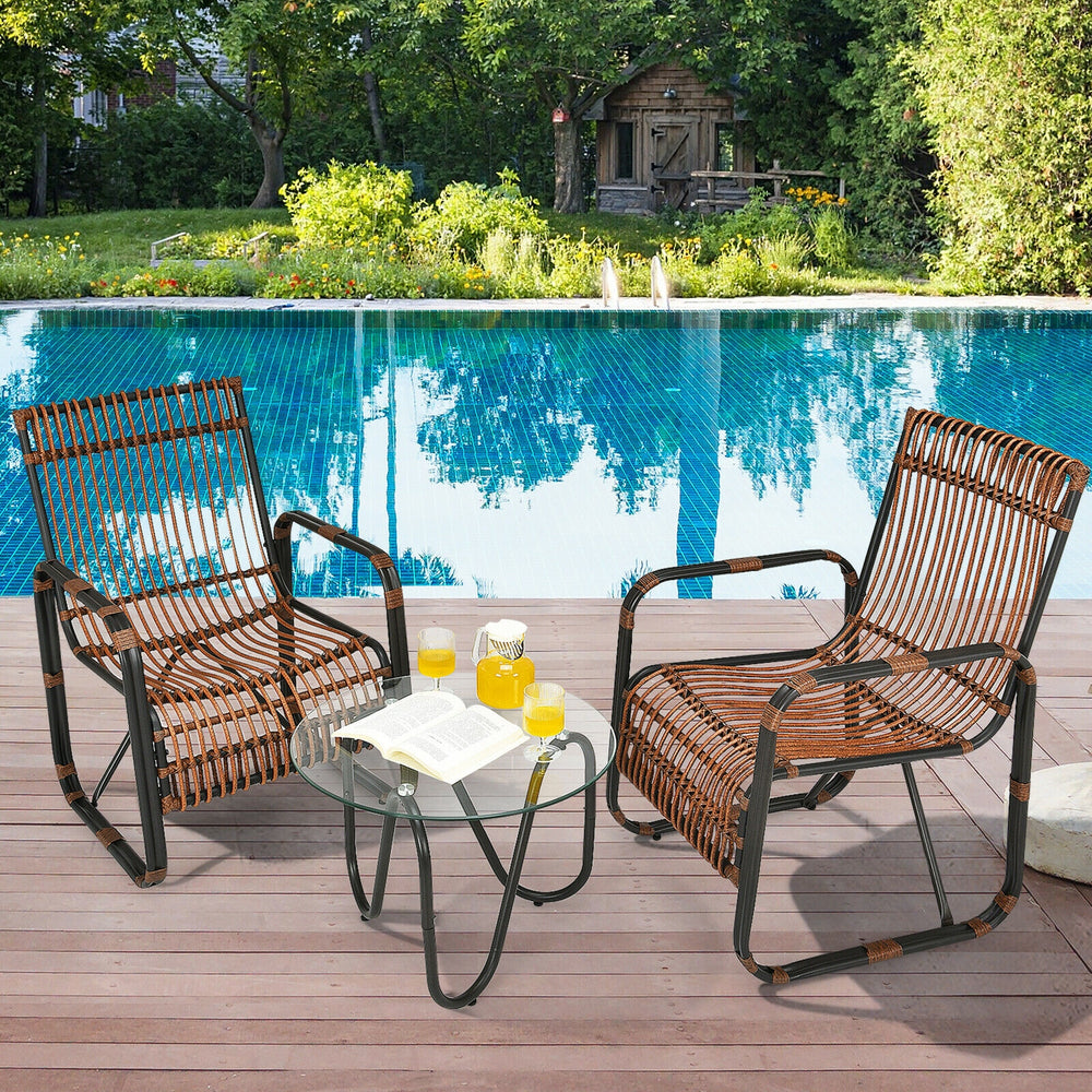 This patio furniture set includes 2 single chairs and a side table. You can place it on the patio  balcony  garden  poolside  or any other place in your home. Â  This wicker bistro set with a classic design will add a sense of elegance to your space. Sing