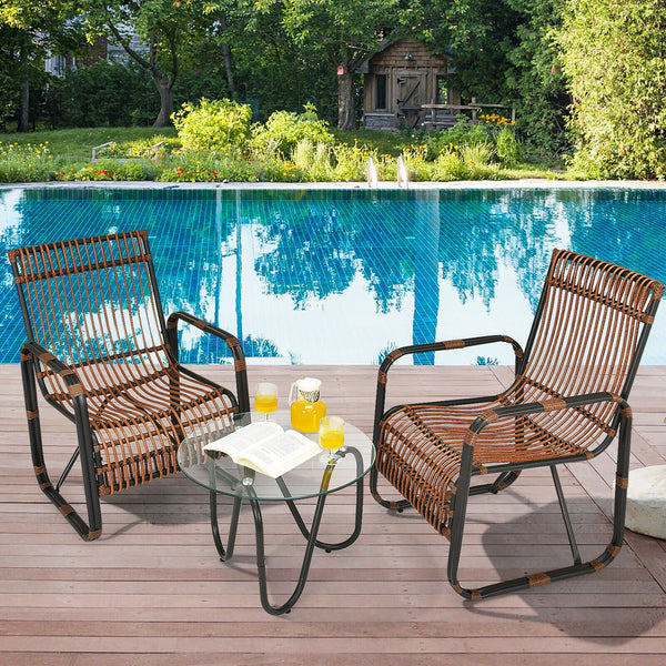 This patio furniture set includes 2 single chairs and a side table. You can place it on the patio  balcony  garden  poolside  or any other place in your home. Â  This wicker bistro set with a classic design will add a sense of elegance to your space. Sing