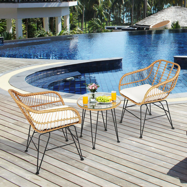 Premium wicker ensures high resistance to weather/sunlight/water<br>Heavy-duty steel frame with rust-resistant powder coated surface<br>High density sponge padded cushions provide great comfort<br>Tempered glass tabletop to place small decor  snacks and d