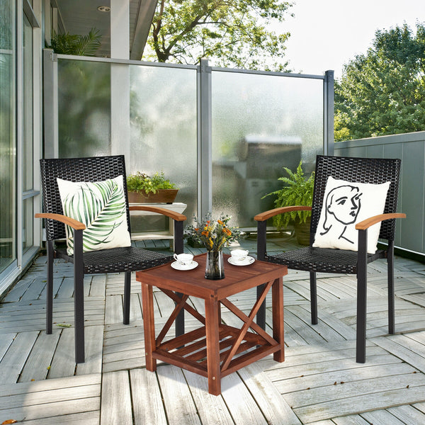 Dive into a rollicking good time with this patio rattan chairs! Â  The patio chairs come with mix-brown rattan weaving and rust-proof galvanized steel outline that hand over trendy outdoor collections with lasting quality. The stackable feature makes stor