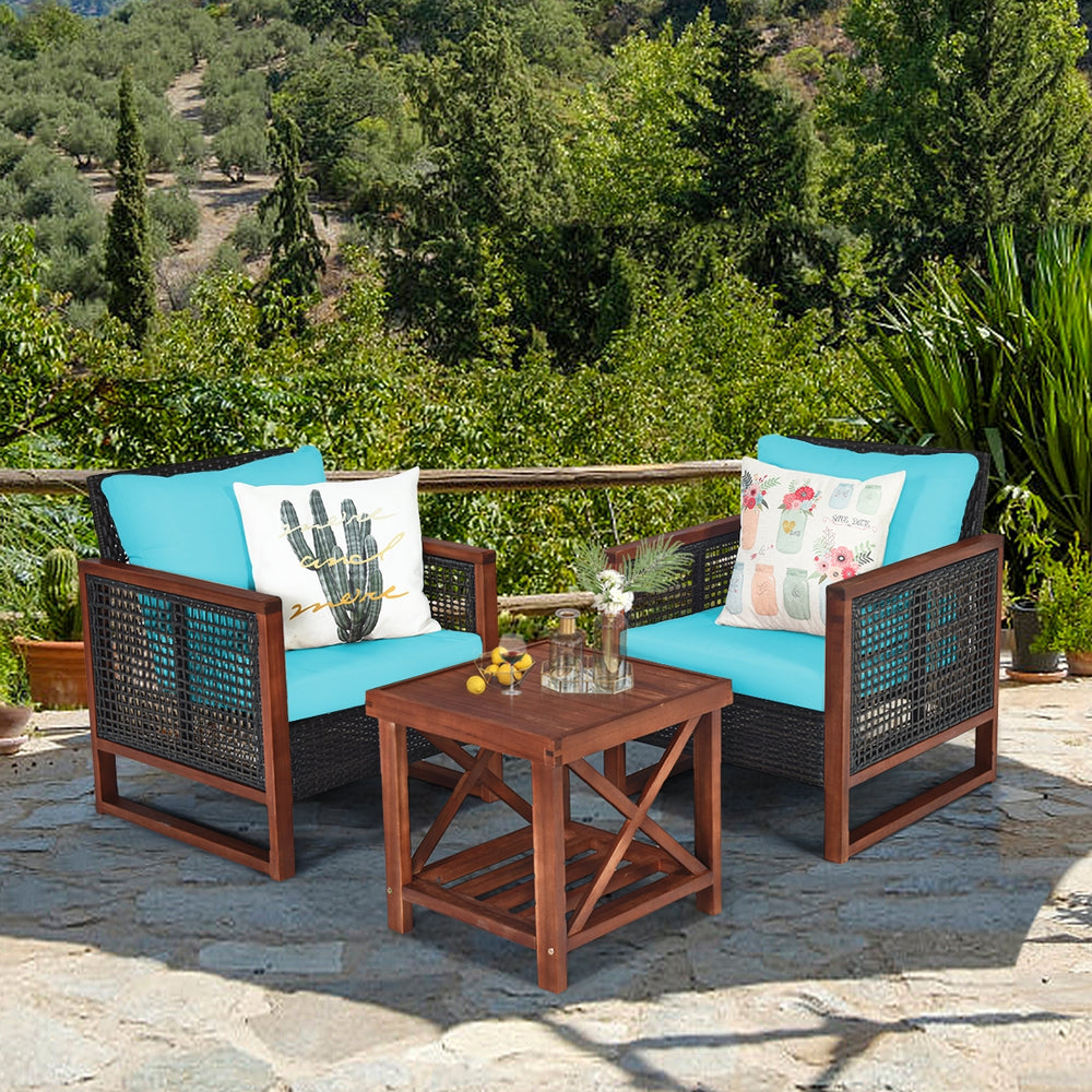 Please avoid rain exposure for longer serving time.<br>Package includes 2 sofas  1 table  2 seat cushions  2 back cushions and instruction<br>Made of all-weather rattan  sturdy and durable<br>Acacia wood frame and unique base provide powerful support<br>A