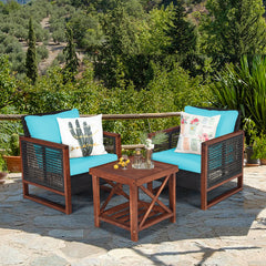 Please avoid rain exposure for longer serving time.<br>Package includes 2 sofas  1 table  2 seat cushions  2 back cushions and instruction<br>Made of all-weather rattan  sturdy and durable<br>Acacia wood frame and unique base provide powerful support<br>A