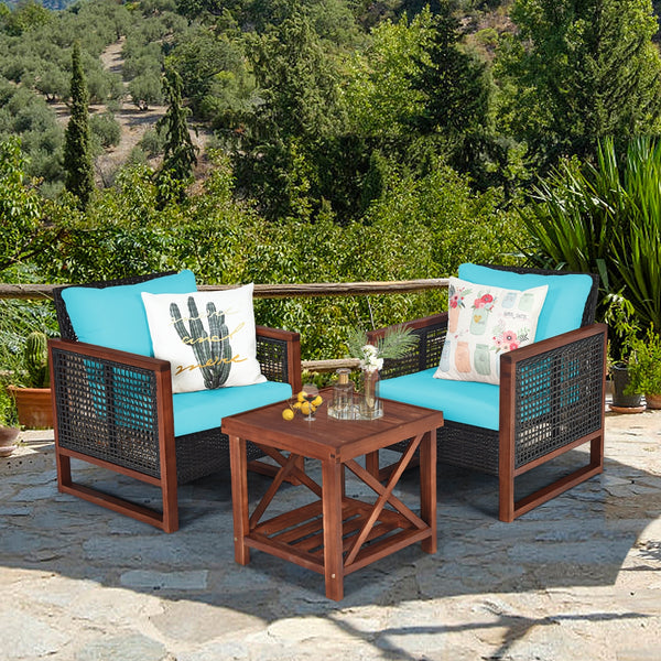 Please avoid rain exposure for longer serving time.<br>Package includes 2 sofas  1 table  2 seat cushions  2 back cushions and instruction<br>Made of all-weather rattan  sturdy and durable<br>Acacia wood frame and unique base provide powerful support<br>A