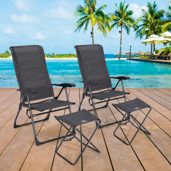 Made of solid steel and high-strength fabric  this patio chair set can load up to 300lbs for long term use. Â  Since its folding design  this patio chair set can be stored and carried without taking up much living space. Also  the 7-gear adjustable backre