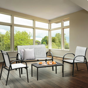 Including 1 loveseat  2 single sofas  and 1 tea table with a glass top<br>High quality and brand new<br>Modern and fashionable design<br>Solid steel frame  durable and sturdy<br>Tea table with a large tabletop<br>Perfect display<br>Wonderful for outdoor l