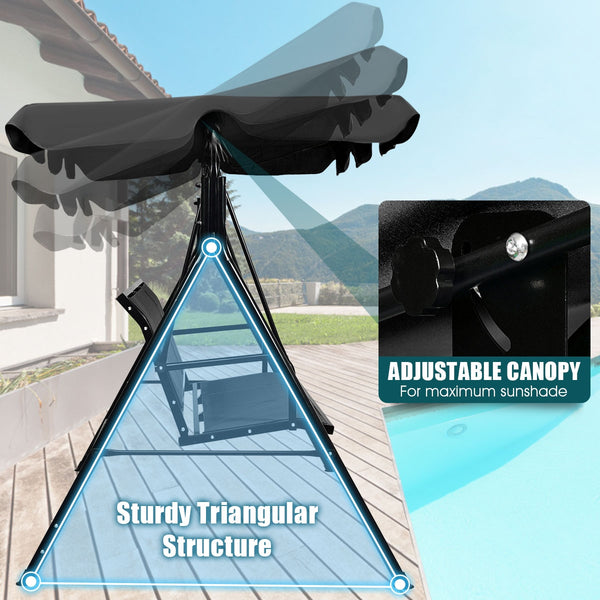 Able to comfortably sit and swing 3 people independently <br>Made of a high quality  weather-resistant steel frame with wide  sturdybase <br>Adjustable canopy design for optimal shade coverage and rain protection <br>Comfortable angle and well-ventilated 