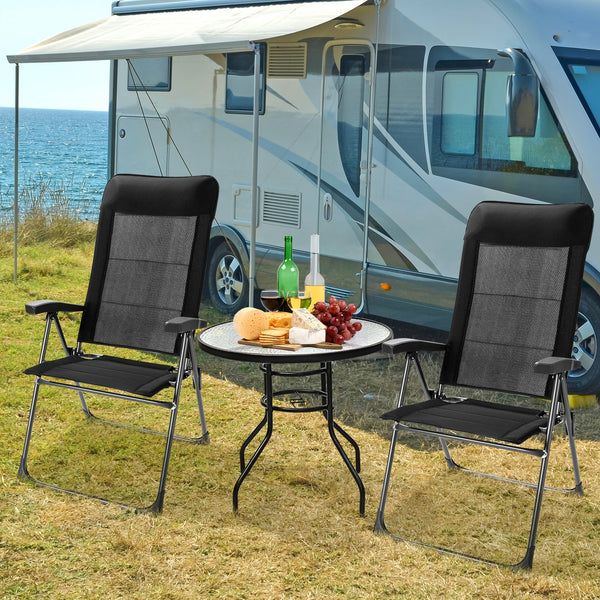 The portable patio chair set is a perfect choice for your home! Â  Made of premium iron frame with high quality nylon fabric  this patio dining chair has excellent performance in stability and durability. The reinforced triangle structure is sturdy enough