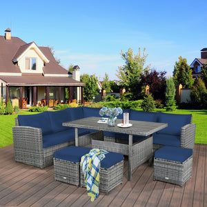 Packages include 3 loveseats  3 ottomans  1 table  6 seat cushions  7 back cushions  and instruction<br>Packages come in 4 boxes<br>Powder-coated steel structure provides strong durability and stability<br>All-weather and wear-resistant rattan ensures lon