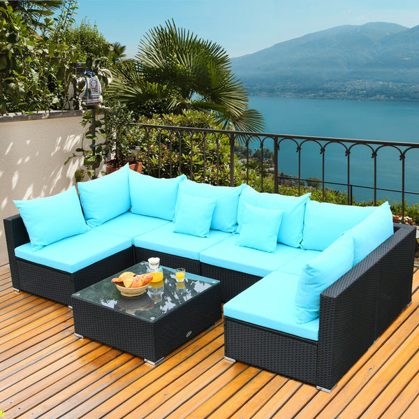 Free combination of sectional sofa as per your needs<br>Solid structure with L shape aluminum feet<br>Exquisite PE wicker frame adds unique charm<br>Comfortable sofa set with thick cushions and soft pillows<br>The cover of seat cushion is removable and wa