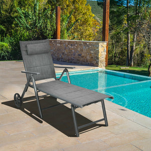 This cotton-padded patio chaise lounge chair is really utility and functional in your daily life. Â  With our lounge chair  you can do multiple outdoor activities  like fishing  sunbathing or taking a nap. The adjustable backrest helps you find out the mo