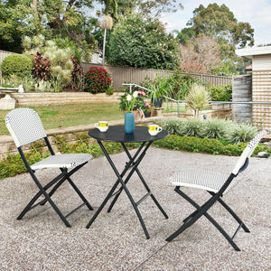 This 3-piece rattan dining chair and table set includes 1 folding dining table and 2 chairs  which will bring an elegant atmosphere to your patio or deck. Â  The heavy-duty steel frame provides a solid foundation for this delightful dining set. Besides  d