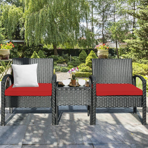 This rattan patio conversation set which will provide you a comfortable experience in your leisure time. Â  This set of outdoor furniture is made of high-quality rattan and strong steel  which is durable and has a long service life. The thick soft cushion