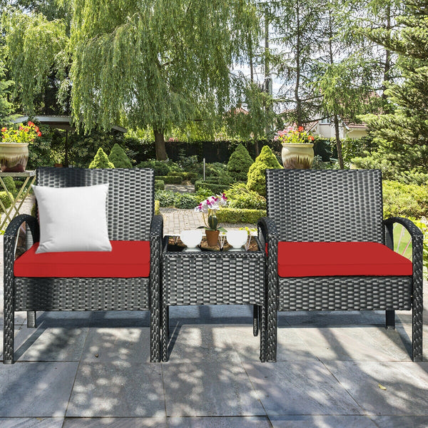 This rattan patio conversation set which will provide you a comfortable experience in your leisure time. Â  This set of outdoor furniture is made of high-quality rattan and strong steel  which is durable and has a long service life. The thick soft cushion