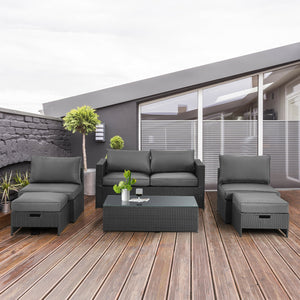 After working indoors for too long  people always want to go out for air and get close contact with nature. And our 6pcs patio furniture set provides a perfect outdoor relaxing place for you. Â  Our product features 1 loveseat  2 armless sofas  2 ottomans