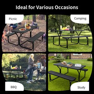 Made of non-toxic and odorless HDPE material to serve for years <br>Smooth surface with the natural wood grain to be a great addition to outdoors <br>Integrated metal frame with high strength to be sturdy without deformation <br>Thick 2 inches table holds