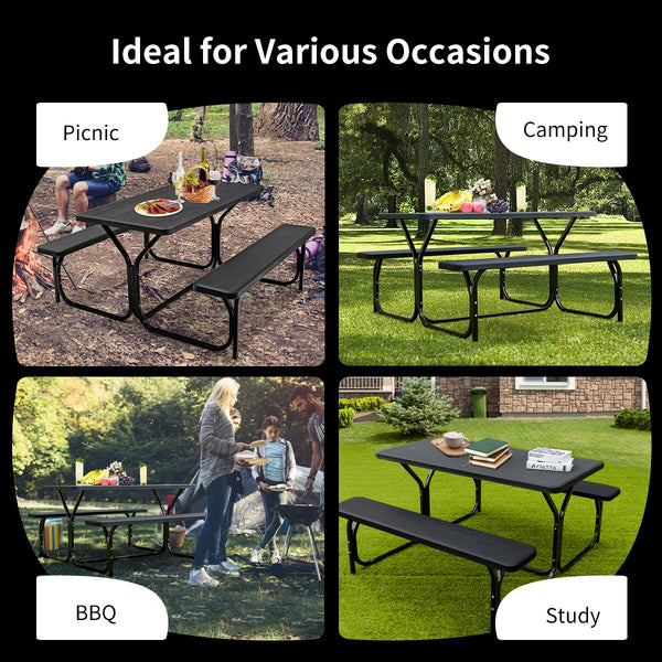 Made of non-toxic and odorless HDPE material to serve for years <br>Smooth surface with the natural wood grain to be a great addition to outdoors <br>Integrated metal frame with high strength to be sturdy without deformation <br>Thick 2 inches table holds