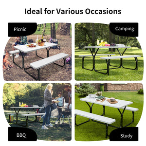 Made of non-toxic and odorless HDPE material to serve for years <br>Smooth surface with the natural wood grain to be a great addition to outdoors <br>Integrated metal frame with high strength to be sturdy without deformation <br>Thick 2 inches table holds