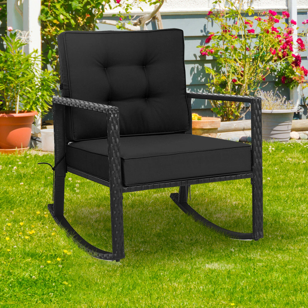 Sturdy and durable frame with exquisite rattan <br>Comfortable and safe rocking function <br>Thick and soft cushion for seat and back <br>Cushions are fixed by strings to prevent a move <br>Pads at the bottom can avoid sliding and protect rattan <br>Desig