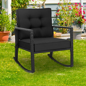Sturdy and durable frame with exquisite rattan <br>Comfortable and safe rocking function <br>Thick and soft cushion for seat and back <br>Cushions are fixed by strings to prevent a move <br>Pads at the bottom can avoid sliding and protect rattan <br>Desig