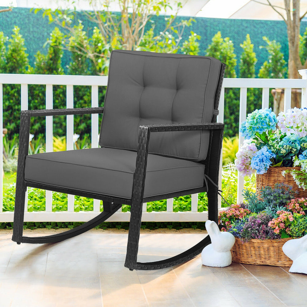 Sturdy and durable frame with exquisite rattan <br>Comfortable and safe rocking function <br>Thick and soft cushion for seat and back <br>Cushions are fixed by strings to prevent a move <br>Pads at the bottom can avoid sliding and protect rattan <br>Desig