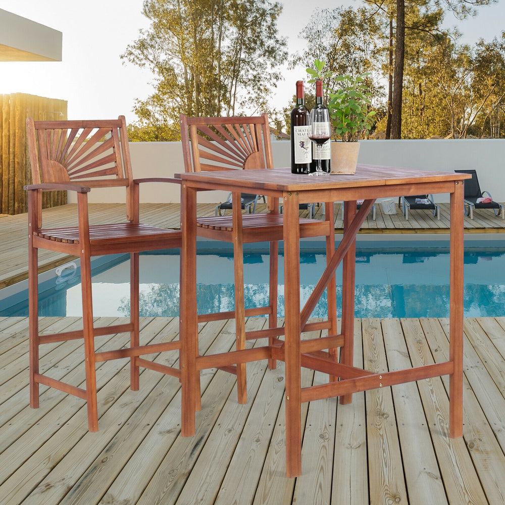 This patio bar set includes 1 bar table and 2 bar stools. Â  As a simple but elegant design with high durability and great comfort  our bar set will be your fabulous companion during outdoor leisure time. Made of high-quality acacia wood  the patio set po