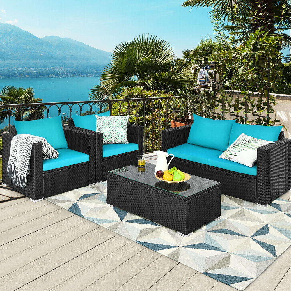 Including 1 x Table  2 x Single sofa  1 x Loveseat  4 x Seat cushion  4 x Back cushion  1 x Instruction<br>Stable steel frame can ensure a high-weight capacity<br>Weather-resistant PE rattan is durable enough for a long lifespan<br>Table and sofas come up