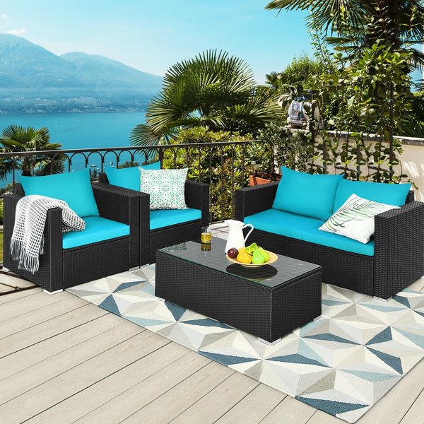 Including 1 x Table  2 x Single sofa  1 x Loveseat  4 x Seat cushion  4 x Back cushion  1 x Instruction<br>Stable steel frame can ensure a high-weight capacity<br>Weather-resistant PE rattan is durable enough for a long lifespan<br>Table and sofas come up