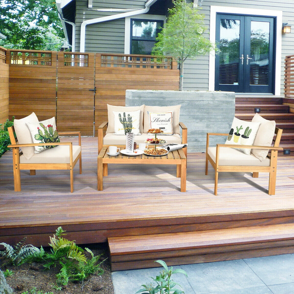 Made of solid acacia wood with FSC certification  superior durable<br>Thick and cozy cushion provides ultimate comfortable<br>Detachable cushions and waterproof for outdoor use<br>Freely DIY the furnish  for an optimal new look<br>Spend time with your fam