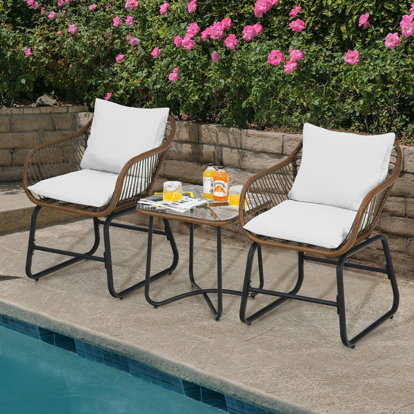 Including 2 x Armchair  1 x Square table  2 x Seat cushion  2 x Back cushion  1 x Instruction <br>Includes 2 armchairs  1 side table and 4 cushions <br>Weather-resistant PE rattan can be used for a long time <br>Armchair with solid construction can hold u