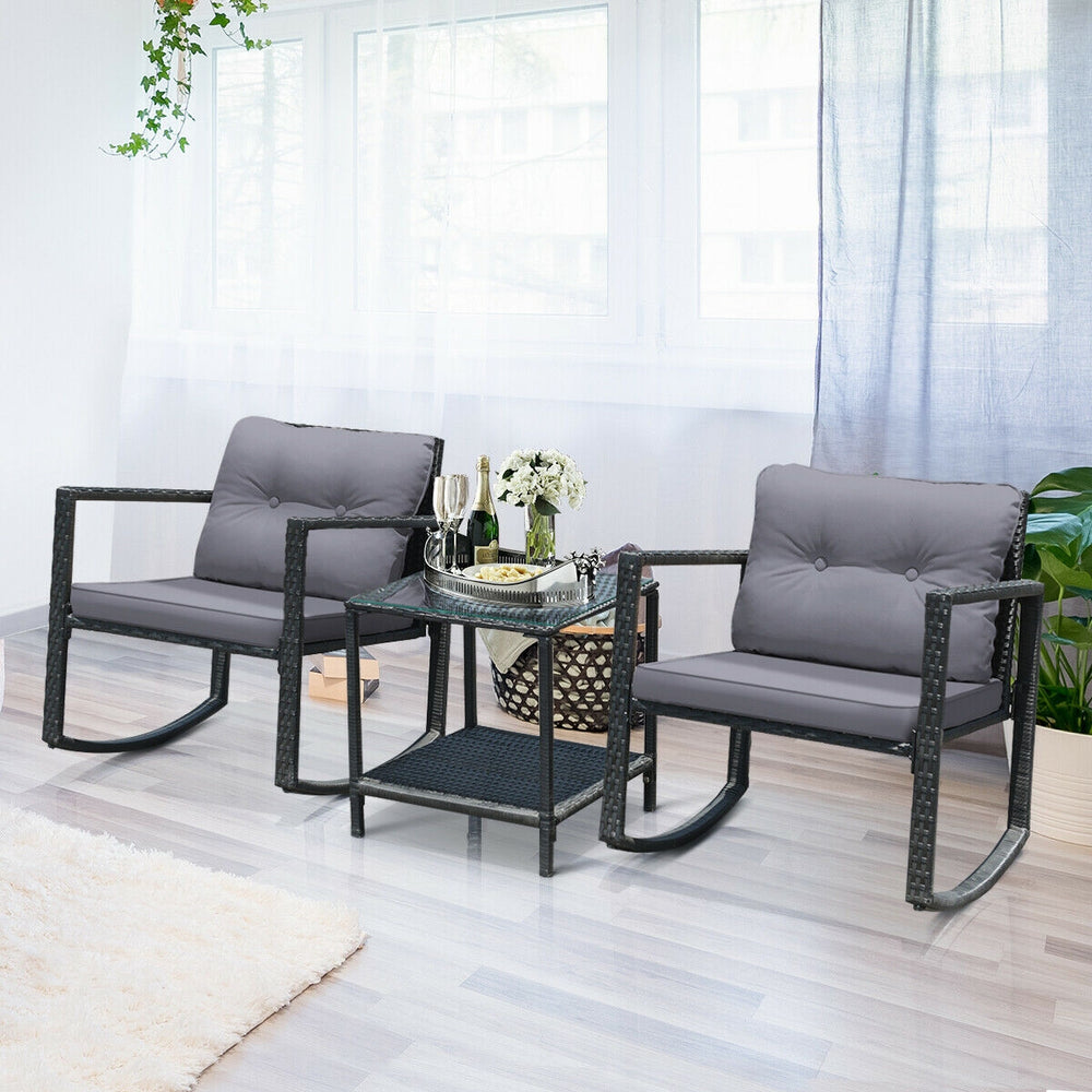 Including 1 table with tempered glass top and 2 rocking chairs <br>Sturdy and heavy steel frame ensures large weight capacity <br>High-quality PE wicker can withstand the moderate change in weather <br>Slightly sloping back and seat of the rocking chair o