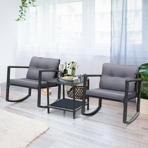 Including 1 table with tempered glass top and 2 rocking chairs <br>Sturdy and heavy steel frame ensures large weight capacity <br>High-quality PE wicker can withstand the moderate change in weather <br>Slightly sloping back and seat of the rocking chair o