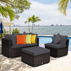 Includes 2 corner sofas  1armless table and 1 ottoman for versatile use<br>Sturdy powder-coated steel frame provides strong durability and stability<br>All-weather and wear-resistant PE rattan provides a long service life<br>Thick and soft sponge padded c