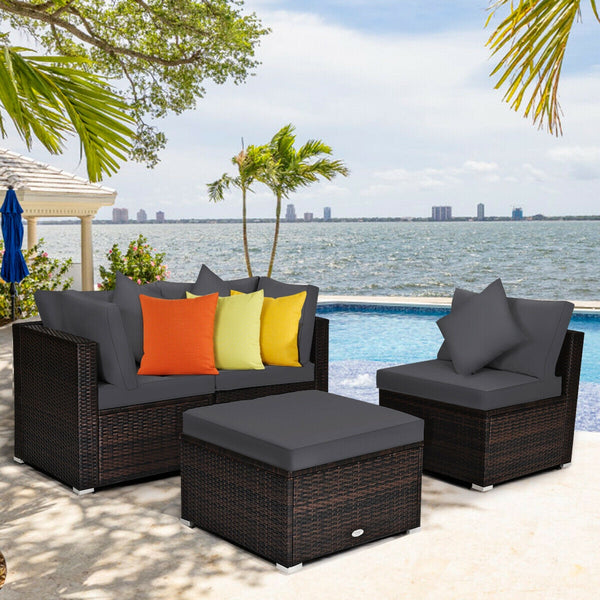 Includes 2 corner sofas  1armless table and 1 ottoman for versatile use<br>Sturdy powder-coated steel frame provides strong durability and stability<br>All-weather and wear-resistant PE rattan provides a long service life<br>Thick and soft sponge padded c