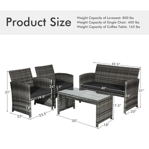 Rattan patio set includes one loveseat  two single chairs and one coffee table. <br>Made of high-quality rattan with strong built-in frame structure <br>Functional and beautiful design perfect for garden  backyard and balcony <br>Rattan coffee table with 