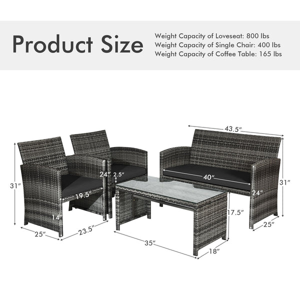Rattan patio set includes one loveseat  two single chairs and one coffee table. <br>Made of high-quality rattan with strong built-in frame structure <br>Functional and beautiful design perfect for garden  backyard and balcony <br>Rattan coffee table with 