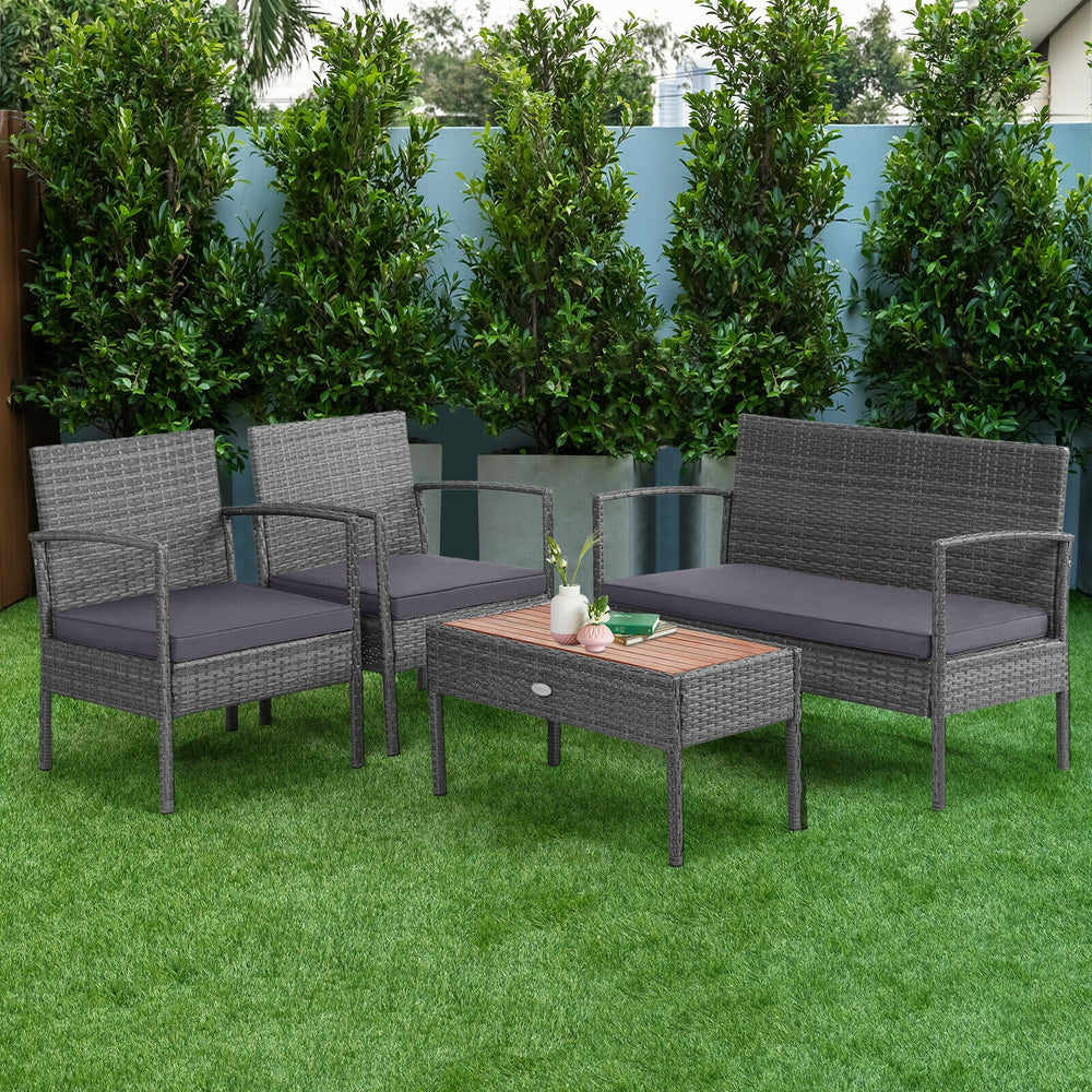 Including 2 single sofas  1 loveseat and 1 coffee table <br>Suitable for poolside  backyard  deck  garden  etc. <br>Ergonomic seat with soft cushions for extra comfort <br>Zippered design ensures easy removal and maintenance <br>Waterproof cushion cover r