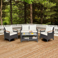 This 4-piece patio rattan conversation set will be a perfect addition to your backyard or other outdoor occasions. Â  Constructed of heavy-duty and anti-rust steel frame  all the loveseat  single sofas and coffee table can withstand strong weight. And the