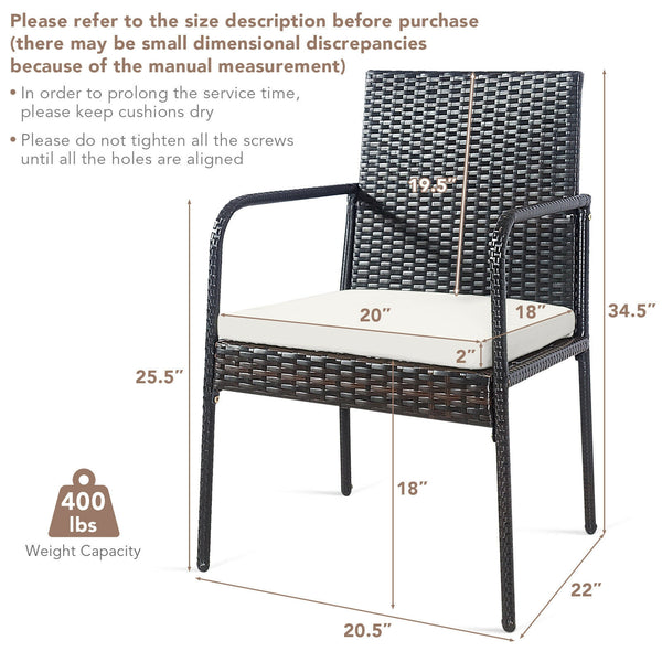 High-quality PE rattan for weather-resistant<br>Sturdy steel frame with powder-coated for rustproof<br>Avoid scratching the floor with anti-slip foot pads<br>Come with a strong loading capacity of up to 400 lbs<br>Padded cushions for a comfy sitting exper
