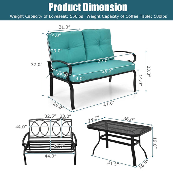 This premium outdoor patio conversation bench set will be a good choice for you. Â  This 2-Piece patio loveseat set includes 1 loveseat  1 coffee table  1 seat cushion and 2 back cushions  which is a great choice for your indoor and outdoor environment. Y