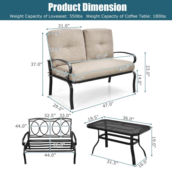 This premium outdoor patio conversation bench set will be a good choice for you. Â  This 2-Piece patio loveseat set includes 1 loveseat  1 coffee table  1 seat cushion and 2 back cushions  which is a great choice for your indoor and outdoor environment. Y
