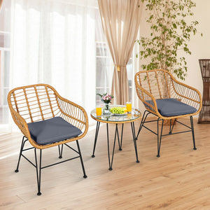 Premium wicker ensures high resistance to weather/sunlight/water<br>Heavy-duty steel frame with rust-resistant powder coated surface<br>High density sponge padded cushions provide great comfort<br>Tempered glass tabletop to place small decor  snacks and d