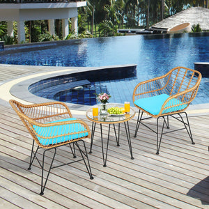 Premium wicker ensures high resistance to weather/sunlight/water<br>Heavy-duty steel frame with rust-resistant powder coated surface<br>High density sponge padded cushions provide great comfort<br>Tempered glass tabletop to place small decor  snacks and d
