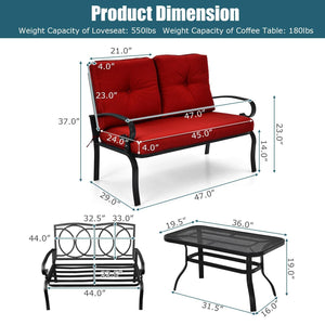 This premium outdoor patio conversation bench set will be a good choice for you. Â  This 2-Piece patio loveseat set includes 1 loveseat  1 coffee table  1 seat cushion and 2 back cushions  which is a great choice for your indoor and outdoor environment. Y