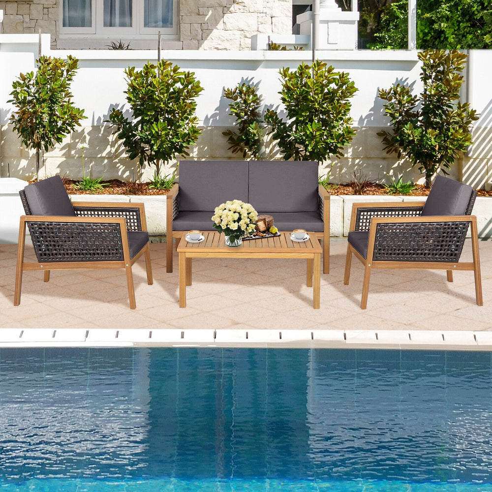 Come with 2 packages  may arrive separately <br>High quality acacia wood for steady performance and rustic touch <br>Withstand weather variations thanks to its all-weather mix of brown PE rattan <br>Bring a soft sitting experience with breathable and thic