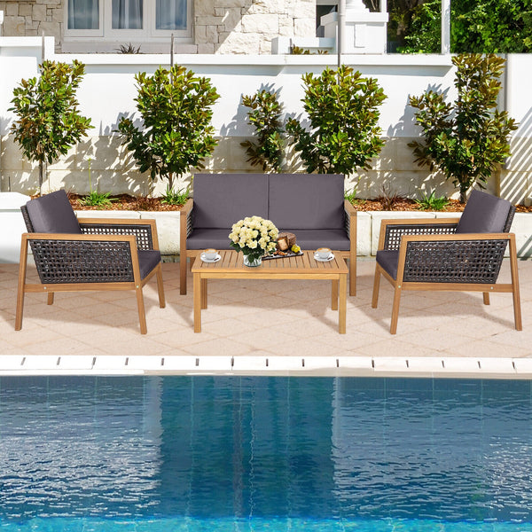 Come with 2 packages  may arrive separately <br>High quality acacia wood for steady performance and rustic touch <br>Withstand weather variations thanks to its all-weather mix of brown PE rattan <br>Bring a soft sitting experience with breathable and thic