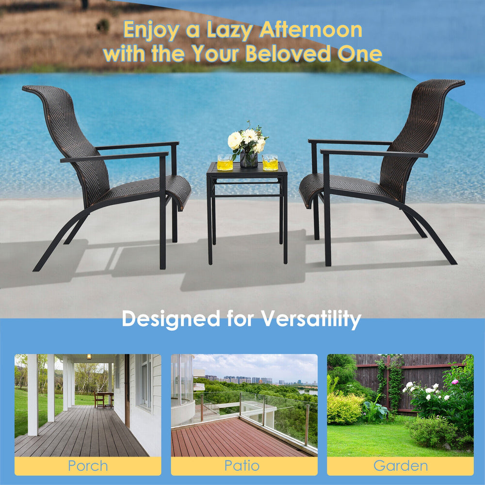 Made of weather-resistant PE rattan and thickened steel pipes with powder coating  this outdoor bistro set can stand the test of time. Â  Which also can be a beautiful addition to your garden  lawn  backyard  patio  balcony or other indoor areas. With com