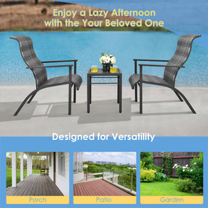 Made of weather-resistant PE rattan and thickened steel pipes with powder coating  this outdoor bistro set can stand the test of time. Â  Which also can be a beautiful addition to your garden  lawn  backyard  patio  balcony or other indoor areas. With com